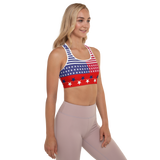 RED, WHITE AND BLUE STARS AND STRIPES PADDED SPORTS BRA.
