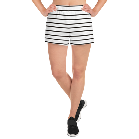 BLACK STRIPES ON WHITE SHORTS. Women's Athletic Short Shorts. Gym, Pilates or Yoga Activewear.