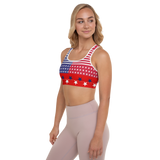 RED, WHITE AND BLUE STARS AND STRIPES PADDED SPORTS BRA.